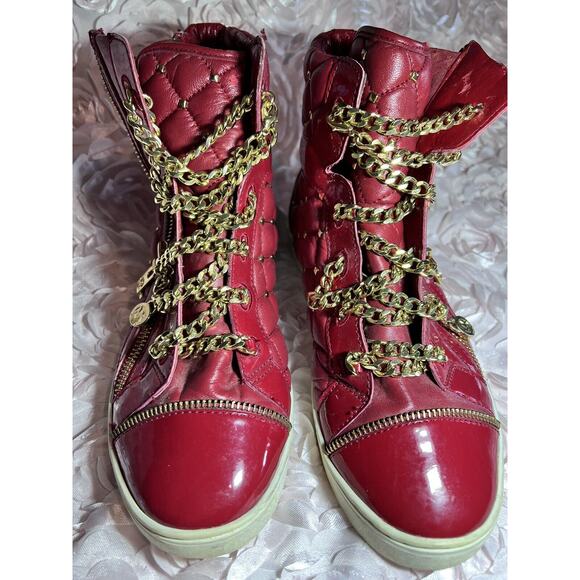 Michael Kors, Patent Red Chain Sneakers, Gold Studs, Size 8M - Picture 2 of 8